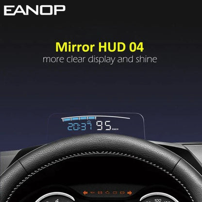 Eanop Hud Mirror 04 Car Head Up Display with OBD2 connection, windshield speed projection, and security alarms