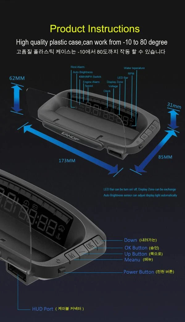 Eanop Hud Mirror 04 Car Head Up Display with OBD2 connection, windshield speed projection, and security alarms