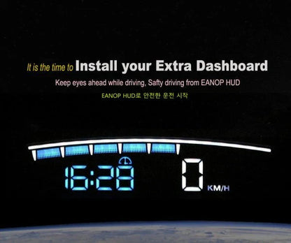 Eanop Hud Mirror 04 Car Head Up Display with OBD2 connection, windshield speed projection, and security alarms