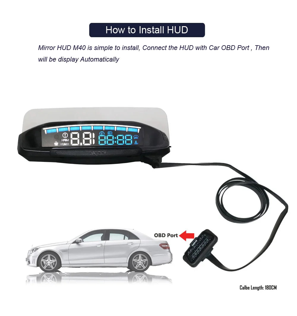 Eanop Hud Mirror 04 Car Head Up Display with OBD2 connection, windshield speed projection, and security alarms