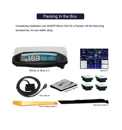 Eanop Hud Mirror 04 Car Head Up Display with OBD2 connection, windshield speed projection, and security alarms