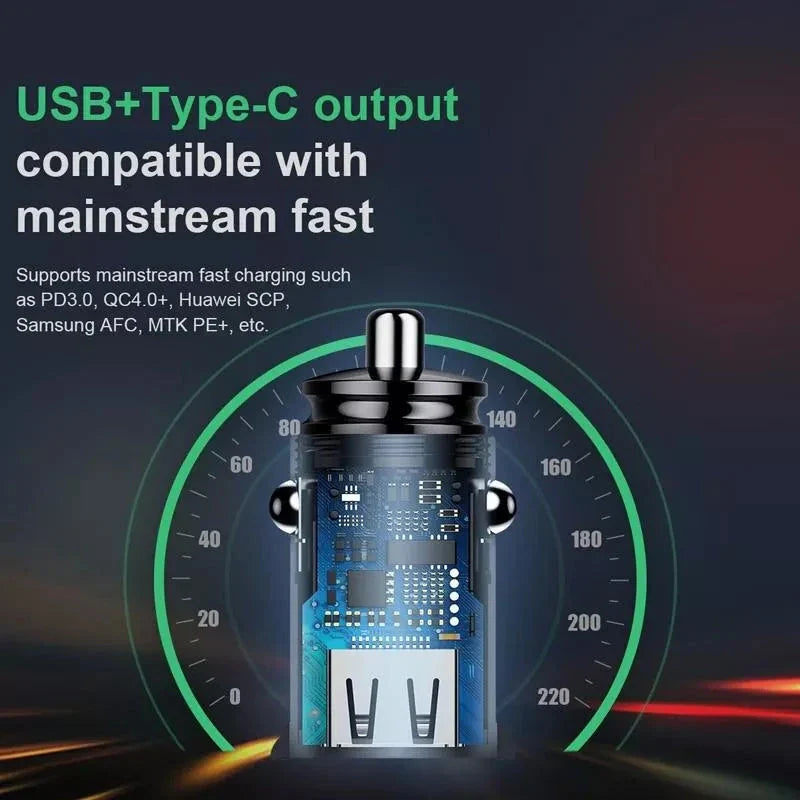 30W Dual Port Fast Car Charger with dual USB and Type-C ports for lightning-fast charging on the go