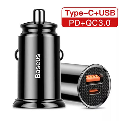 30W Dual Port Fast Car Charger with dual USB and Type-C ports for lightning-fast charging on the go