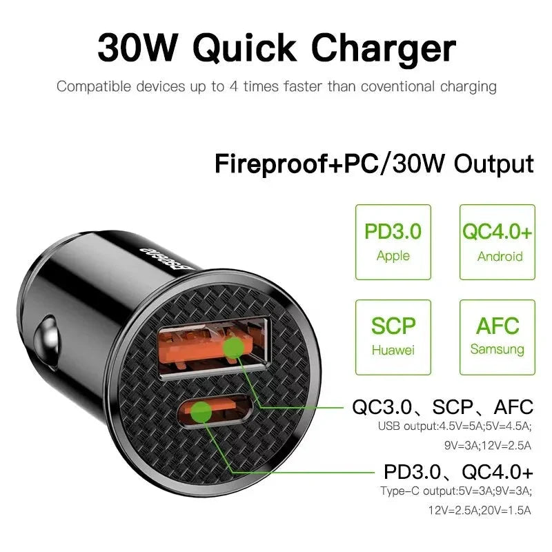 30W Dual Port Fast Car Charger with dual USB and Type-C ports for lightning-fast charging on the go