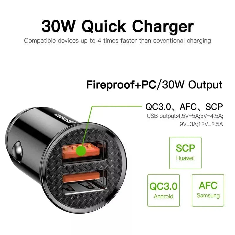 30W Dual Port Fast Car Charger with dual USB and Type-C ports for lightning-fast charging on the go