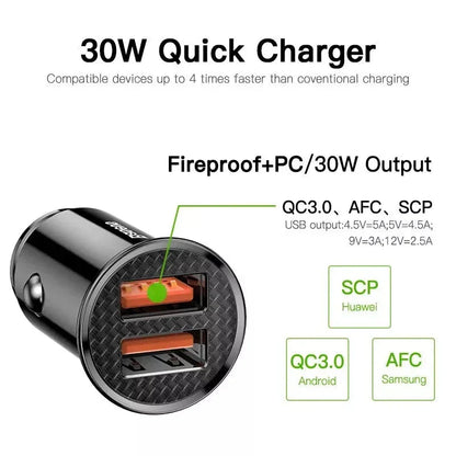 30W Dual Port Fast Car Charger with dual USB and Type-C ports for lightning-fast charging on the go