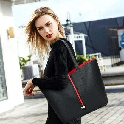 Large Capacity One-Shoulder Tote Bag in Black - Premium PU Leather Carryall with Multiple Interior Pockets