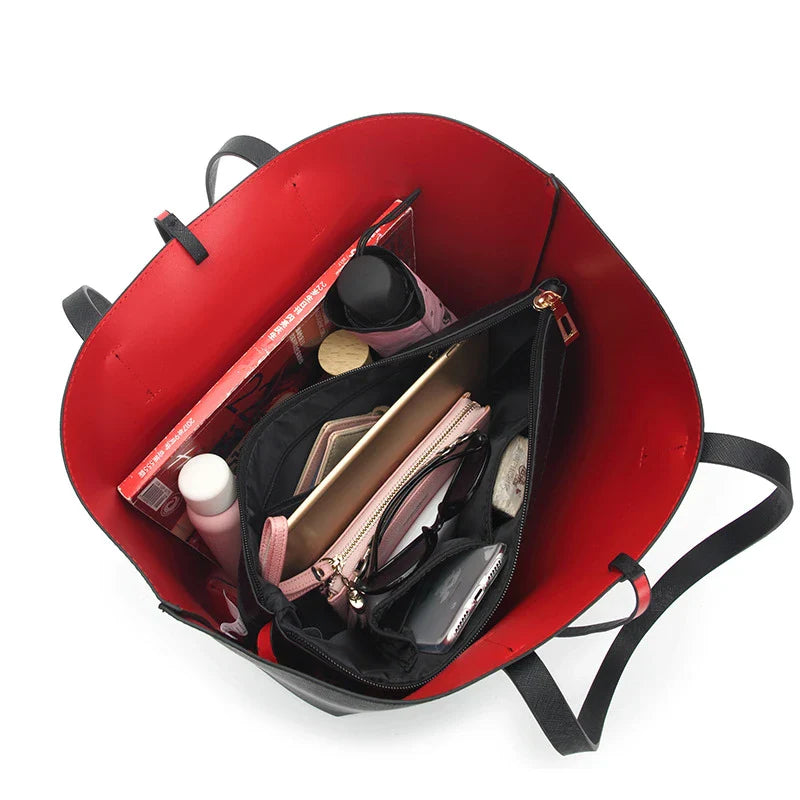 Large Capacity One-Shoulder Tote Bag in Black - Premium PU Leather Carryall with Multiple Interior Pockets