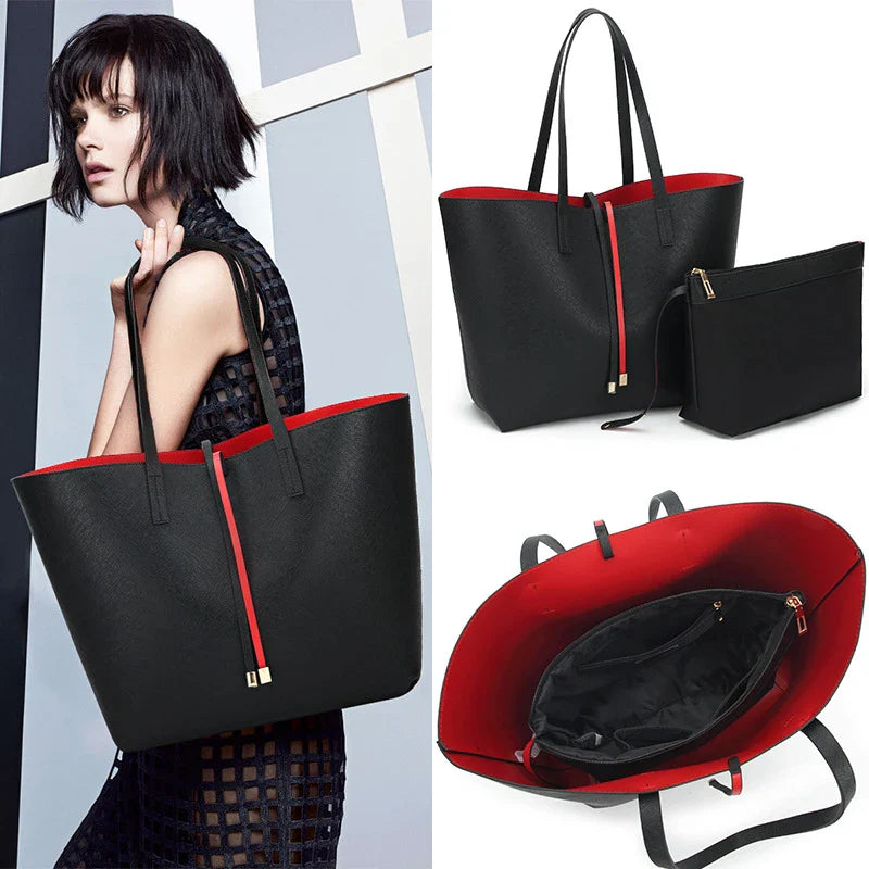 Large Capacity One-Shoulder Tote Bag in Black - Premium PU Leather Carryall with Multiple Interior Pockets