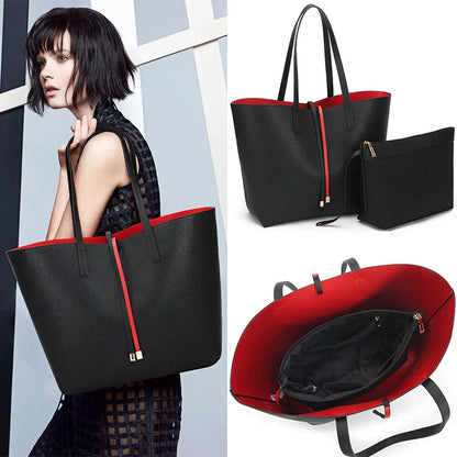 Large Capacity One-Shoulder Tote Bag in Black - Premium PU Leather Carryall with Multiple Interior Pockets