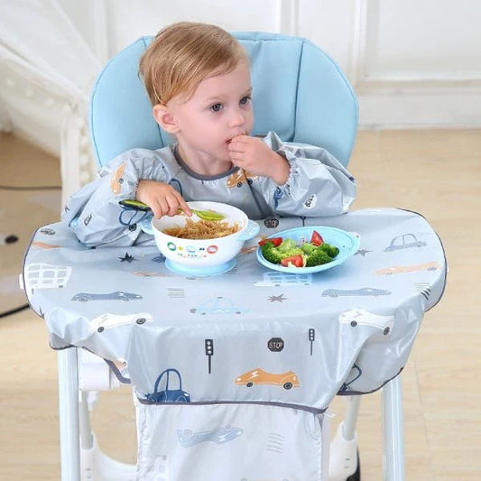 Baby Anti-Dirty Feeding Dining Chair Bib Cover in various cartoon patterns, including gray car, pink rabbit, blue lion, and yellow fox designs.