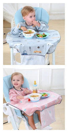 Baby Anti-Dirty Feeding Dining Chair Bib Cover in various cartoon patterns, including gray car, pink rabbit, blue lion, and yellow fox designs.