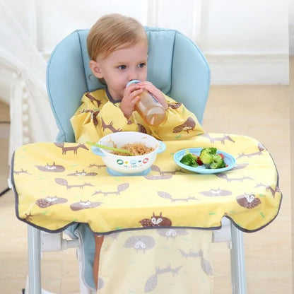 Baby Anti-Dirty Feeding Dining Chair Bib Cover in various cartoon patterns, including gray car, pink rabbit, blue lion, and yellow fox designs.