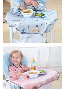 Baby Anti-Dirty Feeding Dining Chair Bib Cover in various cartoon patterns, including gray car, pink rabbit, blue lion, and yellow fox designs.