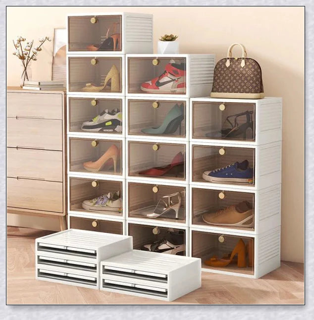 Spacious foldable shoe storage box with clear plastic door for organizing sneakers and shoes