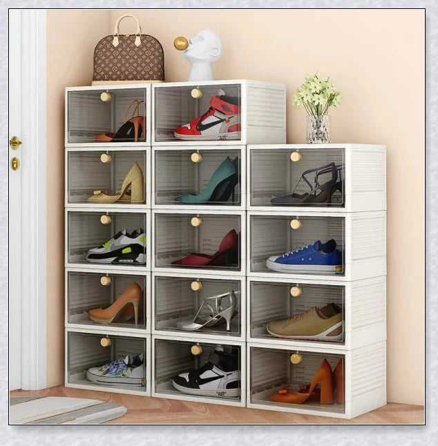 Spacious foldable shoe storage box with clear plastic door for organizing sneakers and shoes
