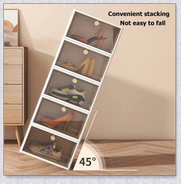 Spacious foldable shoe storage box with clear plastic door for organizing sneakers and shoes