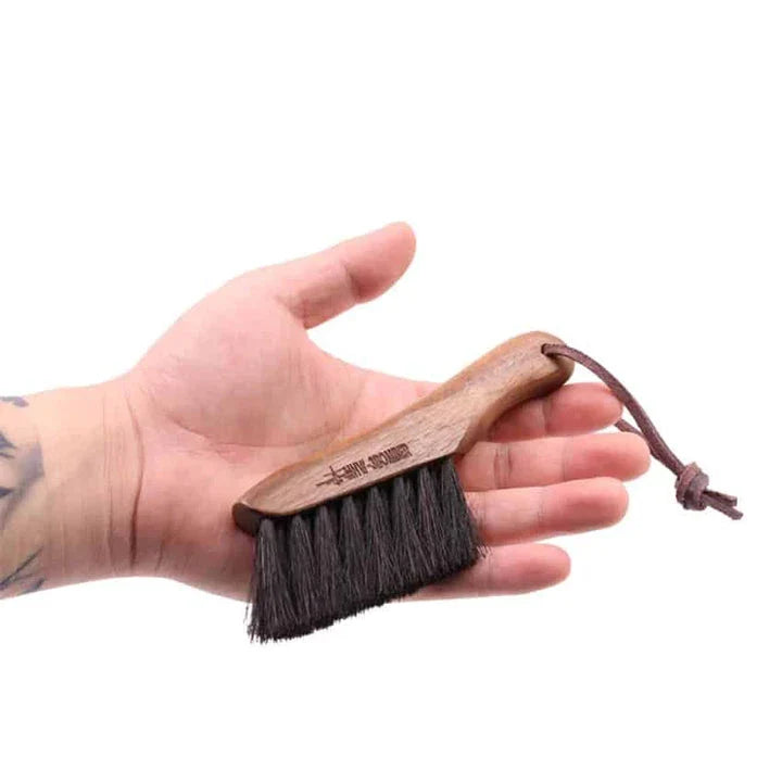 Premium horse hair coffee brush with walnut handle for gentle, effective cleaning of coffee equipment