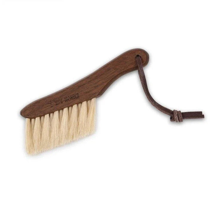 Premium horse hair coffee brush with walnut handle for gentle, effective cleaning of coffee equipment