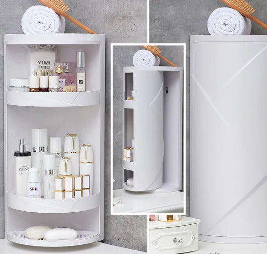 A 3-tier bathroom storage rack with a rotatable 360-degree design, providing ample space for toiletries and other bathroom essentials.