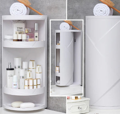A 3-tier bathroom storage rack with a rotatable 360-degree design, providing ample space for toiletries and other bathroom essentials.