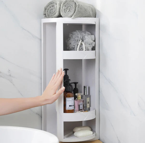 A 3-tier bathroom storage rack with a rotatable 360-degree design, providing ample space for toiletries and other bathroom essentials.