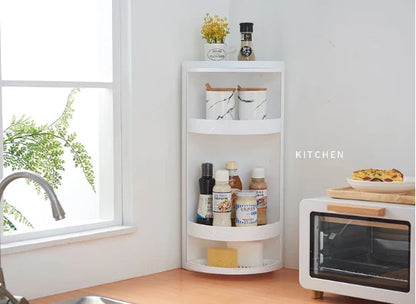 A 3-tier bathroom storage rack with a rotatable 360-degree design, providing ample space for toiletries and other bathroom essentials.