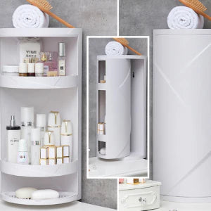 A 3-tier bathroom storage rack with a rotatable 360-degree design, providing ample space for toiletries and other bathroom essentials.