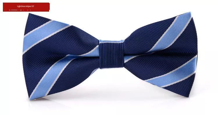 Men's British formal wedding bow tie in light blue stripes, made from durable polyester yarn.