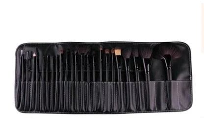 24 luxurious makeup brushes with wood-toned or black handles, presented in a stylish carrying case for on-the-go beauty touch-ups