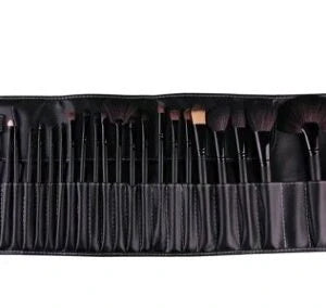 24 luxurious makeup brushes with wood-toned or black handles, presented in a stylish carrying case for on-the-go beauty touch-ups