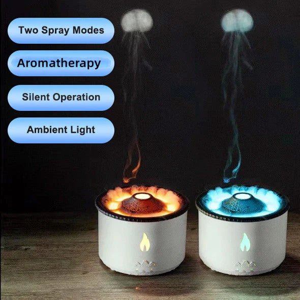 Ultrasonic essential oil humidifier with jellyfish-like mist and flickering flame effects for a relaxing atmosphere