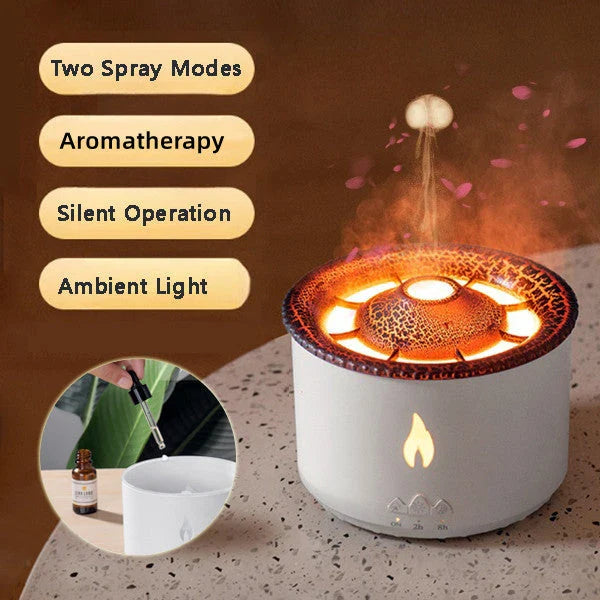 Ultrasonic essential oil humidifier with jellyfish-like mist and flickering flame effects for a relaxing atmosphere