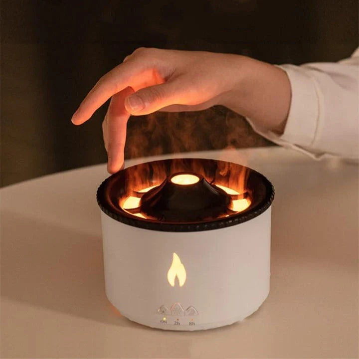 Ultrasonic essential oil humidifier with jellyfish-like mist and flickering flame effects for a relaxing atmosphere