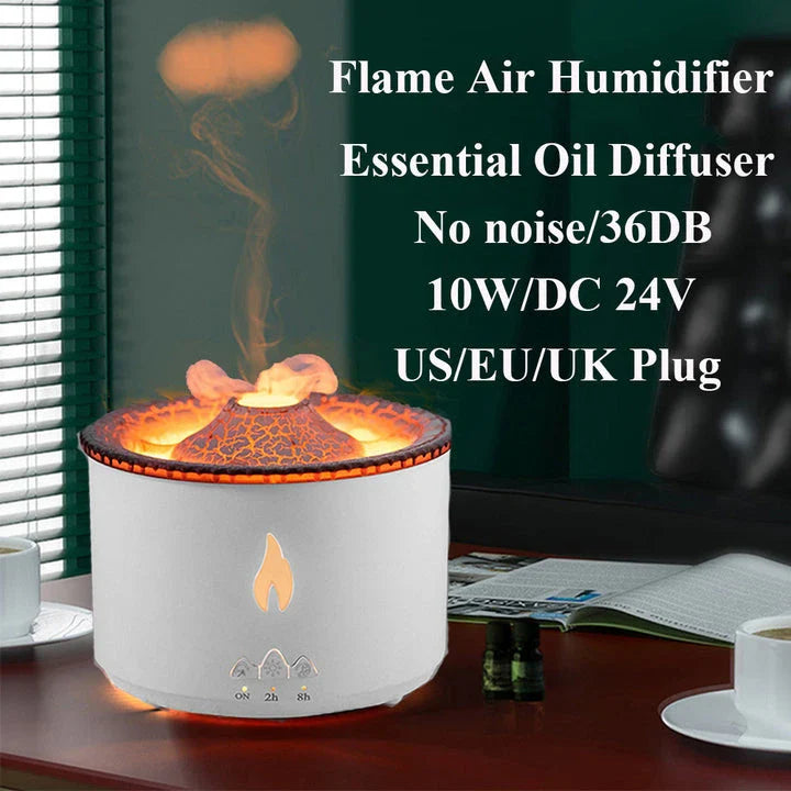 Ultrasonic essential oil humidifier with jellyfish-like mist and flickering flame effects for a relaxing atmosphere