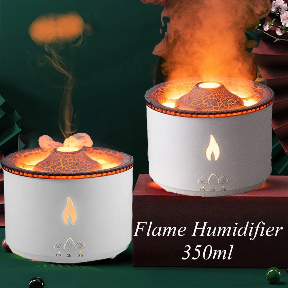 Ultrasonic essential oil humidifier with jellyfish-like mist and flickering flame effects for a relaxing atmosphere