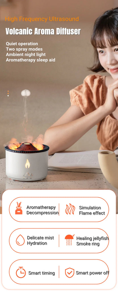 Ultrasonic essential oil humidifier with jellyfish-like mist and flickering flame effects for a relaxing atmosphere