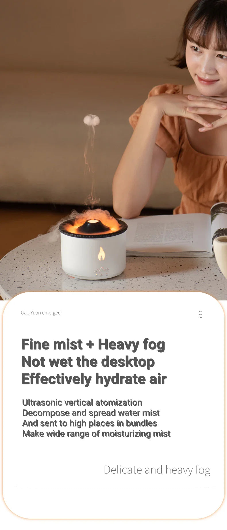 Ultrasonic essential oil humidifier with jellyfish-like mist and flickering flame effects for a relaxing atmosphere