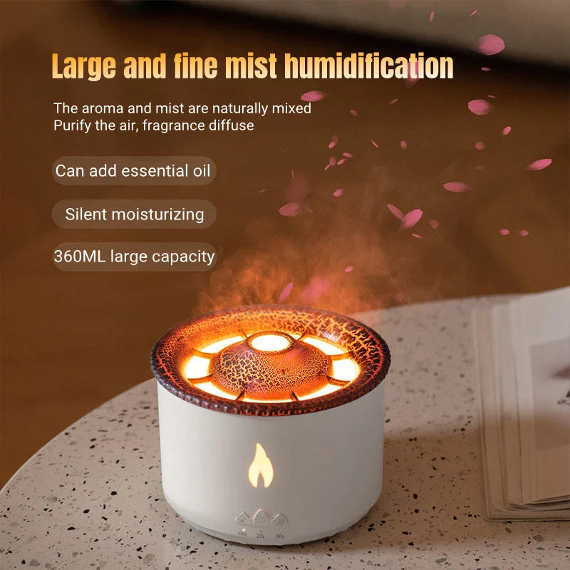 Ultrasonic essential oil humidifier with jellyfish-like mist and flickering flame effects for a relaxing atmosphere