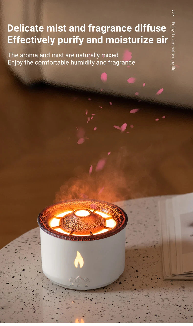 Ultrasonic essential oil humidifier with jellyfish-like mist and flickering flame effects for a relaxing atmosphere