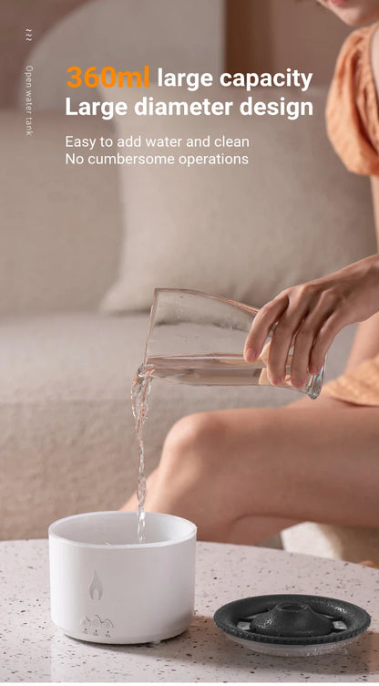 Ultrasonic essential oil humidifier with jellyfish-like mist and flickering flame effects for a relaxing atmosphere