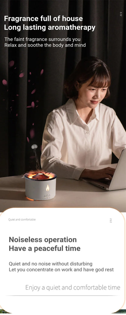 Ultrasonic essential oil humidifier with jellyfish-like mist and flickering flame effects for a relaxing atmosphere