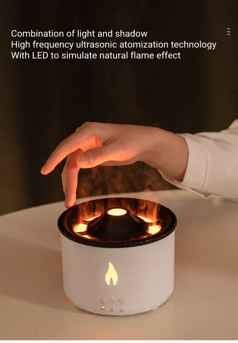 Ultrasonic essential oil humidifier with jellyfish-like mist and flickering flame effects for a relaxing atmosphere