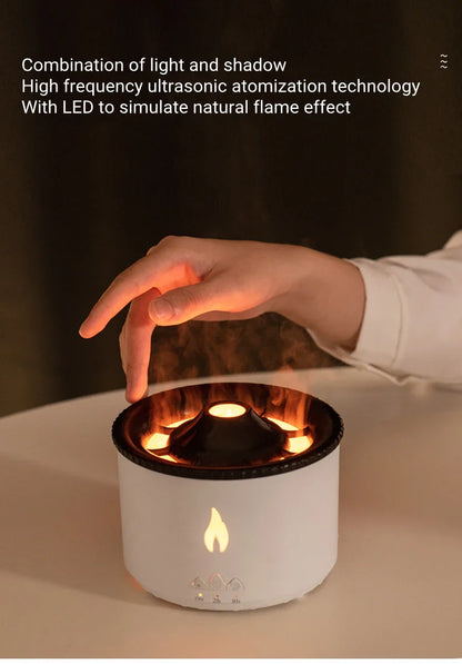Ultrasonic essential oil humidifier with jellyfish-like mist and flickering flame effects for a relaxing atmosphere