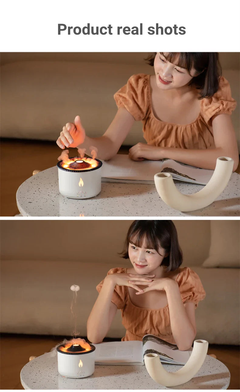 Ultrasonic essential oil humidifier with jellyfish-like mist and flickering flame effects for a relaxing atmosphere