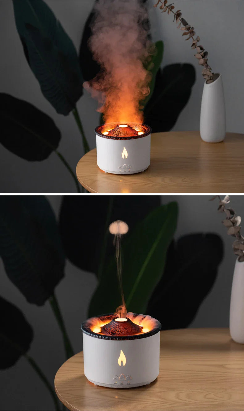 Ultrasonic essential oil humidifier with jellyfish-like mist and flickering flame effects for a relaxing atmosphere