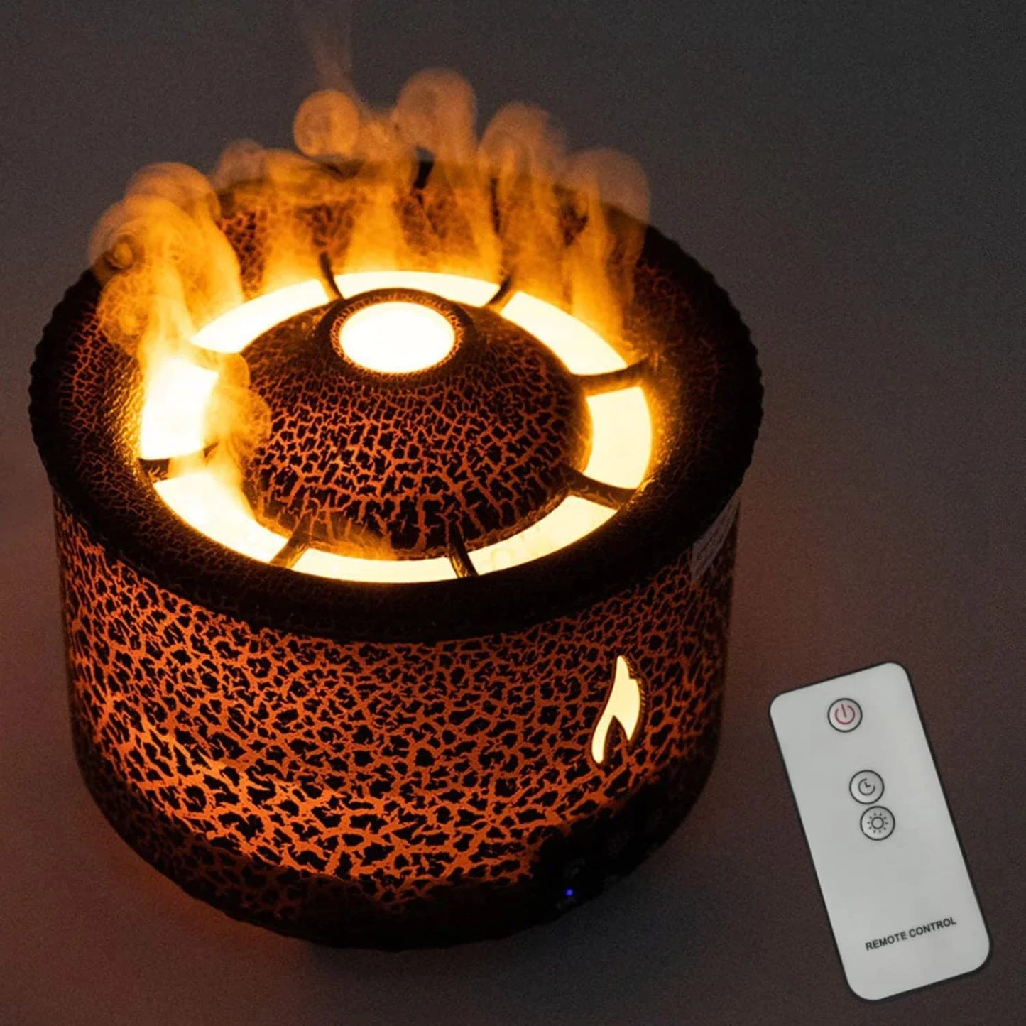 Ultrasonic essential oil humidifier with jellyfish-like mist and flickering flame effects for a relaxing atmosphere