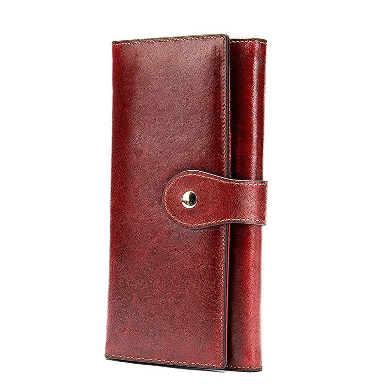 Leather Lady Antimagnetic RFID Wallet in Red - Premium Cowhide Leather, RFID Protection, Retro Style