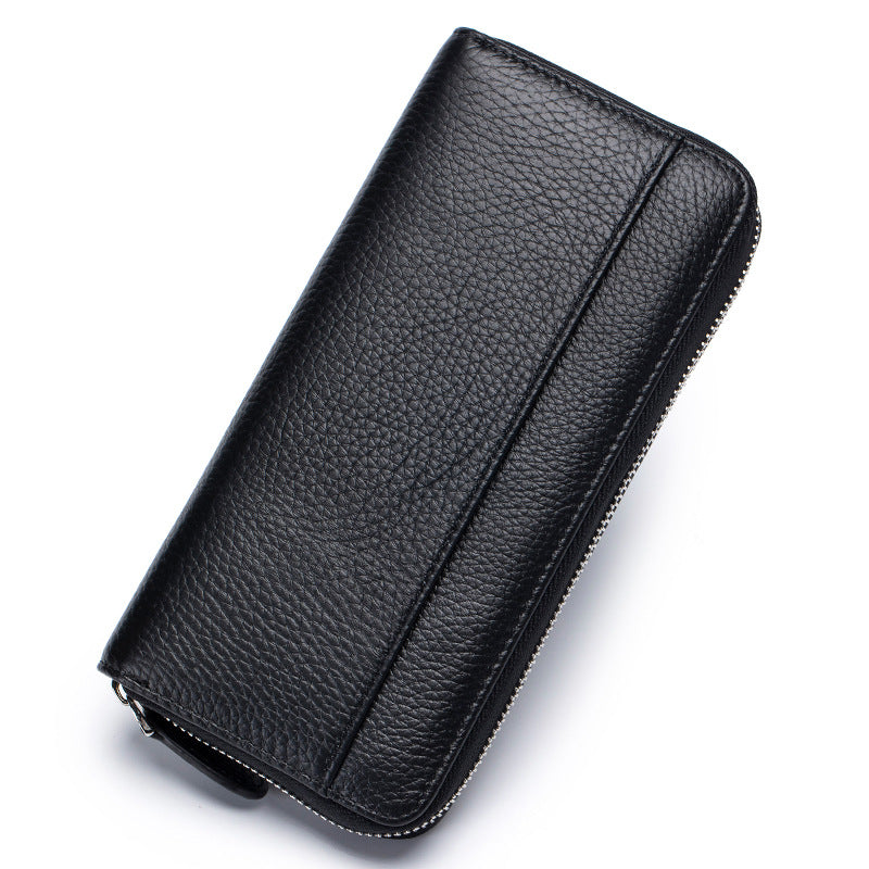 Long high-grade large-capacity wallet for women, crafted from genuine leather with 12 card slots, 2 bill compartments, and a coin zip pocket for organised storage and anti-theft card swiping protection.