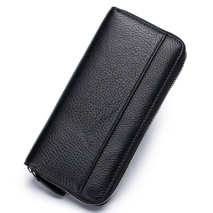 Long high-grade large-capacity wallet for women, crafted from genuine leather with 12 card slots, 2 bill compartments, and a coin zip pocket for organised storage and anti-theft card swiping protection.